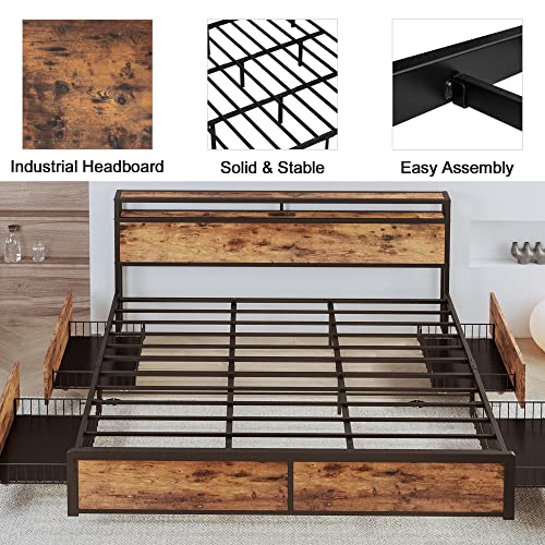 LIKIMIO King Bed Frame with Storage Drawer, 2-Tier Storage Headboard with Charging Station, No Box Spring Needed, Easy Assembly, Vintage Brown