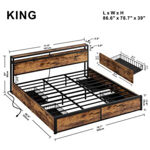 LIKIMIO King Bed Frame with Storage Drawer, 2-Tier Storage Headboard with Charging Station, No Box Spring Needed, Easy Assembly, Vintage Brown