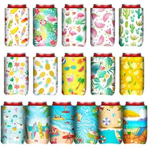 16 pcs beer can coolers sleeves summer pattern beer can coolies soft insulated bulk thermocoolers koolies in bulk for soda cover coolers collapsible for favors parties events beer water bottles