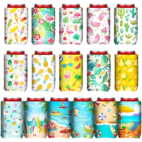 16 Pcs Beer Can Coolers Sleeves summer Pattern Beer Can Coolies Soft Insulated Bulk Thermocoolers Koolies in Bulk for Soda Cover Coolers Collapsible for Favors Parties Events Beer Water Bottles