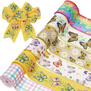 whaline 6 roll butterfly wired edge ribbon 36 yards colorful butterfly daisy flower plaids craft ribbon spring summer farmhouse fabric ribbon for gift wrapping hair bow sewing wreath crafts, 2.5 inch