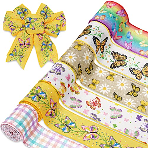 Whaline 6 Roll Butterfly Wired Edge Ribbon 36 Yards Colorful Butterfly Daisy Flower Plaids Craft Ribbon Spring Summer Farmhouse Fabric Ribbon for Gift Wrapping Hair Bow Sewing Wreath Crafts, 2.5 Inch