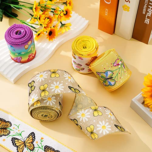 Whaline 6 Roll Butterfly Wired Edge Ribbon 36 Yards Colorful Butterfly Daisy Flower Plaids Craft Ribbon Spring Summer Farmhouse Fabric Ribbon for Gift Wrapping Hair Bow Sewing Wreath Crafts, 2.5 Inch