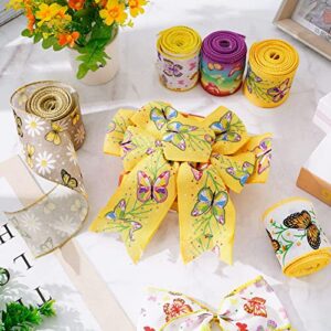 Whaline 6 Roll Butterfly Wired Edge Ribbon 36 Yards Colorful Butterfly Daisy Flower Plaids Craft Ribbon Spring Summer Farmhouse Fabric Ribbon for Gift Wrapping Hair Bow Sewing Wreath Crafts, 2.5 Inch