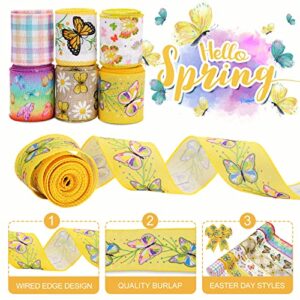 Whaline 6 Roll Butterfly Wired Edge Ribbon 36 Yards Colorful Butterfly Daisy Flower Plaids Craft Ribbon Spring Summer Farmhouse Fabric Ribbon for Gift Wrapping Hair Bow Sewing Wreath Crafts, 2.5 Inch