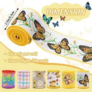 Whaline 6 Roll Butterfly Wired Edge Ribbon 36 Yards Colorful Butterfly Daisy Flower Plaids Craft Ribbon Spring Summer Farmhouse Fabric Ribbon for Gift Wrapping Hair Bow Sewing Wreath Crafts, 2.5 Inch