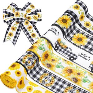 whaline 36 yard sunflower wired edge ribbon 6 roll 2.5 inch buffalo plaids flower fabric ribbon spring summer floral decorative craft ribbon for gift wrapping decor hair bow sewing wreath crafts