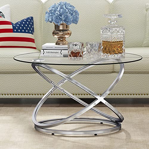 OIOG Round Coffee Table, Glass Coffee Tables for Living Room, Modern Coffee Table with Tempered Glass Tabletop, Chrome Finish (Silver)