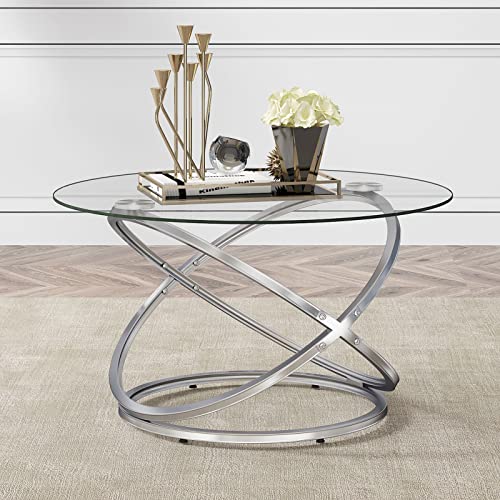 OIOG Round Coffee Table, Glass Coffee Tables for Living Room, Modern Coffee Table with Tempered Glass Tabletop, Chrome Finish (Silver)