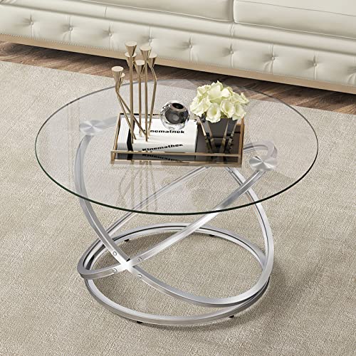 OIOG Round Coffee Table, Glass Coffee Tables for Living Room, Modern Coffee Table with Tempered Glass Tabletop, Chrome Finish (Silver)