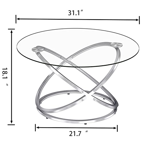 OIOG Round Coffee Table, Glass Coffee Tables for Living Room, Modern Coffee Table with Tempered Glass Tabletop, Chrome Finish (Silver)