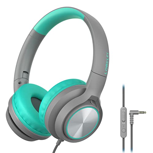 LORELEI E7 On-Ear Wired Headphones with Microphone with 1.45m Tangle-Free Nylon Line&3.5mm Plug, Lightweight Foldable Headphones for Kids for School,Tablet,Computer,Mp3/4 (Grey-Green)