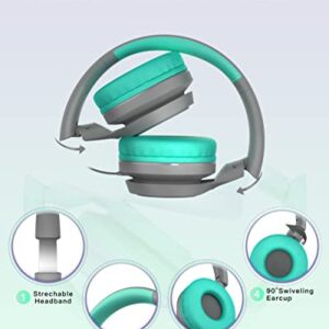 LORELEI E7 On-Ear Wired Headphones with Microphone with 1.45m Tangle-Free Nylon Line&3.5mm Plug, Lightweight Foldable Headphones for Kids for School,Tablet,Computer,Mp3/4 (Grey-Green)