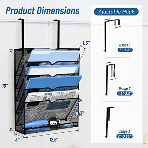 DALTACK Wall File Holder 6 Tier Hanging Wall File Organizer with Hooks, for Papers Mails Folders Clipboard Magazine Organization, for Office Home, Mesh Metal, Black