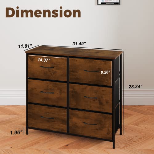Maxtown Dresser for Bedroom 6 Drawers, Storage Drawer Units for Bedroom,Living Room, Hallway, Nursery, Tall Dresser Storage Tower with Sturdy Steel Frame, Wooden Top and Easy-Pull Fabric Bins Brown