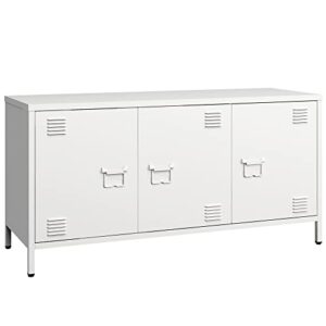 miocasa 3 door metal locker tv cabinet with shelf industrial steel storage cabinet tv stand entertainment media console table for living room,bedroom, garage, office (white)