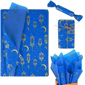 bolsome 100 sheets 20 * 14 inches eid mubarak tissue wrapping paper blue and gold tissue paper for gift bags for ramadan eid al-fitr gift wrapping and diy crafts