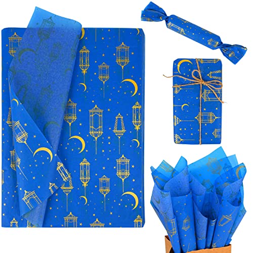 Bolsome 100 Sheets 20 * 14 Inches Eid Mubarak Tissue Wrapping Paper Blue and Gold Tissue Paper for Gift Bags for Ramadan Eid Al-fitr Gift Wrapping and DIY Crafts