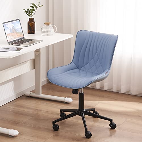 YOUTASTE Office Chair Modern Armless Desk Chair, Height Adjustable Swivel Rocking Computer Task Chair, Faux Leather Sewing Chairs with Wheels, Stylish Lounge Vanity Chair,Blue