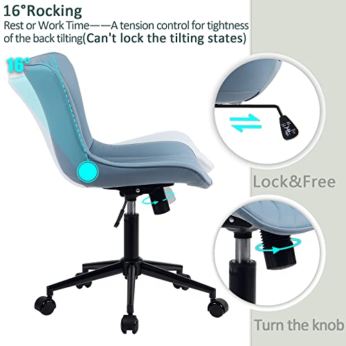 YOUTASTE Office Chair Modern Armless Desk Chair, Height Adjustable Swivel Rocking Computer Task Chair, Faux Leather Sewing Chairs with Wheels, Stylish Lounge Vanity Chair,Blue