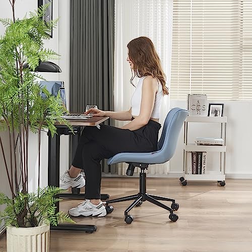 YOUTASTE Office Chair Modern Armless Desk Chair, Height Adjustable Swivel Rocking Computer Task Chair, Faux Leather Sewing Chairs with Wheels, Stylish Lounge Vanity Chair,Blue