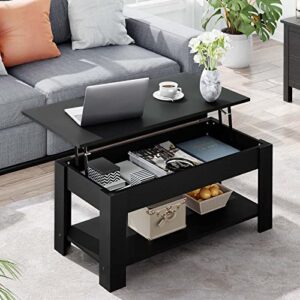 Meilocar Wood Coffee Table, Lift Top Coffee Table with Storage Shelf and Hidden Compartment, Black Coffee Table for Living Room Reception Room, 38.58in L, Black