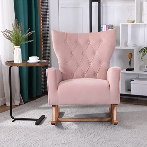 Rophefx Velvet Nursery Rocking Chairs, Glider Rocker for Baby Nursery with Solid Wood Base, Modern Accent Armchair with High Backrest, Pink