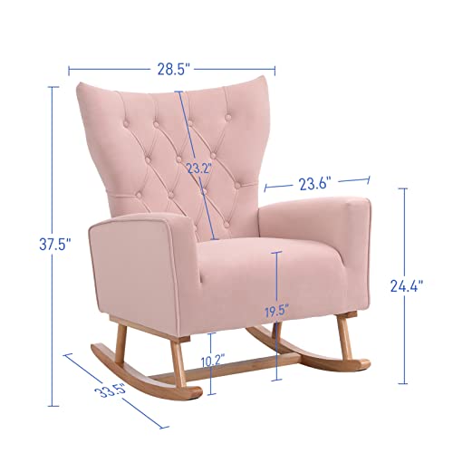 Rophefx Velvet Nursery Rocking Chairs, Glider Rocker for Baby Nursery with Solid Wood Base, Modern Accent Armchair with High Backrest, Pink