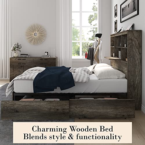 AMERLIFE Queen Size Bed Frame Wooden Platform Bed with 51.2'' Storage Bookcase Headboard, 4 Storage Drawers & Charging Station/No Box Spring Needed/Noise Free/Rustic Grey WBF-002