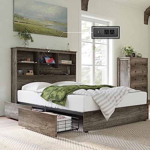 AMERLIFE Queen Size Bed Frame Wooden Platform Bed with 51.2'' Storage Bookcase Headboard, 4 Storage Drawers & Charging Station/No Box Spring Needed/Noise Free/Rustic Grey WBF-002