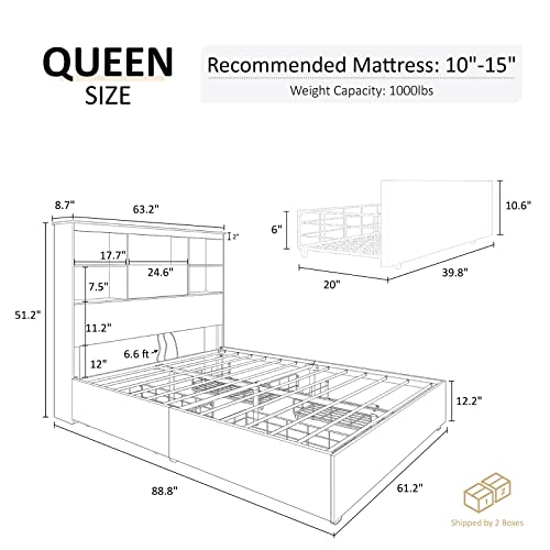 AMERLIFE Queen Size Bed Frame Wooden Platform Bed with 51.2'' Storage Bookcase Headboard, 4 Storage Drawers & Charging Station/No Box Spring Needed/Noise Free/Rustic Grey WBF-002