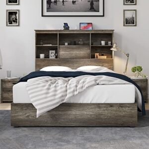 AMERLIFE Queen Size Bed Frame Wooden Platform Bed with 51.2'' Storage Bookcase Headboard, 4 Storage Drawers & Charging Station/No Box Spring Needed/Noise Free/Rustic Grey WBF-002