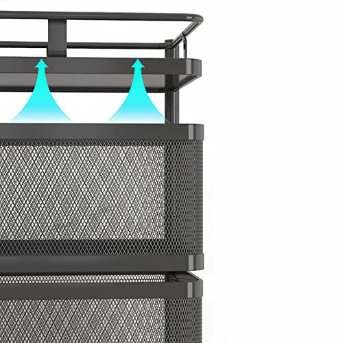 4-layer Rolling Storage Cart for Fruit Vegetable, Multi-Functional Black Square Rotary Storage Rack with Mesh Baskets & Wheels for Kitchen, Living Room, Office, Bathroom, 26.5 x 26.5 x 80cm