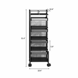 4-layer Rolling Storage Cart for Fruit Vegetable, Multi-Functional Black Square Rotary Storage Rack with Mesh Baskets & Wheels for Kitchen, Living Room, Office, Bathroom, 26.5 x 26.5 x 80cm