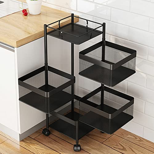 4-layer Rolling Storage Cart for Fruit Vegetable, Multi-Functional Black Square Rotary Storage Rack with Mesh Baskets & Wheels for Kitchen, Living Room, Office, Bathroom, 26.5 x 26.5 x 80cm