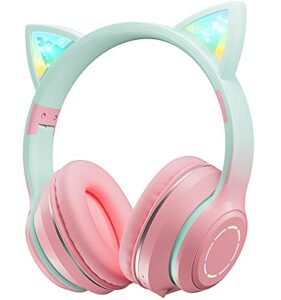 hilifix bluetooth headphones over ear, led light up cat ear kids headphones, foldable stereo headphones wireless wired headphones with microphone for school/study/travel/pc/iphone/ipad (pink+green)