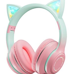 Hilifix Bluetooth Headphones Over Ear, LED Light Up Cat Ear Kids Headphones, Foldable Stereo Headphones Wireless Wired Headphones with Microphone for School/Study/Travel/PC/iPhone/iPad (Pink+Green)