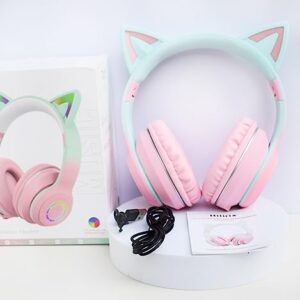 Hilifix Bluetooth Headphones Over Ear, LED Light Up Cat Ear Kids Headphones, Foldable Stereo Headphones Wireless Wired Headphones with Microphone for School/Study/Travel/PC/iPhone/iPad (Pink+Green)