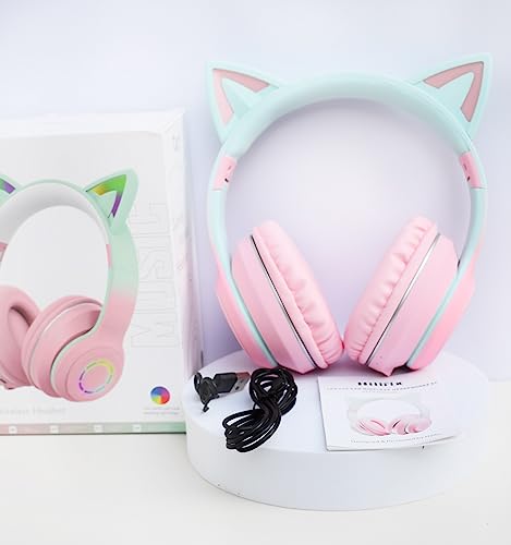 Hilifix Bluetooth Headphones Over Ear, LED Light Up Cat Ear Kids Headphones, Foldable Stereo Headphones Wireless Wired Headphones with Microphone for School/Study/Travel/PC/iPhone/iPad (Pink+Green)