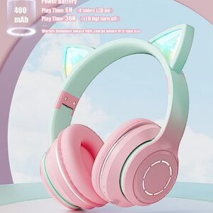 Hilifix Bluetooth Headphones Over Ear, LED Light Up Cat Ear Kids Headphones, Foldable Stereo Headphones Wireless Wired Headphones with Microphone for School/Study/Travel/PC/iPhone/iPad (Pink+Green)