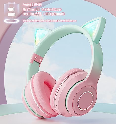 Hilifix Bluetooth Headphones Over Ear, LED Light Up Cat Ear Kids Headphones, Foldable Stereo Headphones Wireless Wired Headphones with Microphone for School/Study/Travel/PC/iPhone/iPad (Pink+Green)