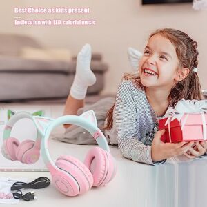 Hilifix Bluetooth Headphones Over Ear, LED Light Up Cat Ear Kids Headphones, Foldable Stereo Headphones Wireless Wired Headphones with Microphone for School/Study/Travel/PC/iPhone/iPad (Pink+Green)