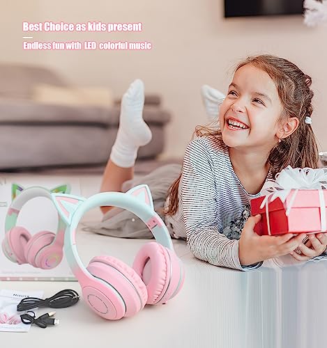 Hilifix Bluetooth Headphones Over Ear, LED Light Up Cat Ear Kids Headphones, Foldable Stereo Headphones Wireless Wired Headphones with Microphone for School/Study/Travel/PC/iPhone/iPad (Pink+Green)