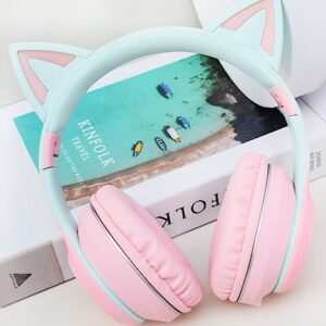 Hilifix Bluetooth Headphones Over Ear, LED Light Up Cat Ear Kids Headphones, Foldable Stereo Headphones Wireless Wired Headphones with Microphone for School/Study/Travel/PC/iPhone/iPad (Pink+Green)