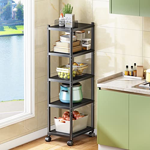 HERJOY 5 Tier Storage Shelves with Rolling Wheels, Heavy Duty Shelves for Storage Adjustable Metal Shelving Unit, Standing Storage Organizer Rack for Kitchen, Bathroom, Garage, Office(Black)