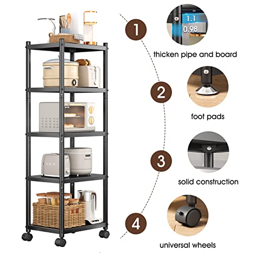 HERJOY 5 Tier Storage Shelves with Rolling Wheels, Heavy Duty Shelves for Storage Adjustable Metal Shelving Unit, Standing Storage Organizer Rack for Kitchen, Bathroom, Garage, Office(Black)