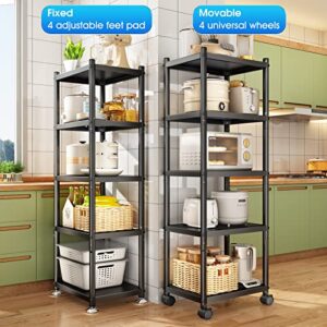 HERJOY 5 Tier Storage Shelves with Rolling Wheels, Heavy Duty Shelves for Storage Adjustable Metal Shelving Unit, Standing Storage Organizer Rack for Kitchen, Bathroom, Garage, Office(Black)