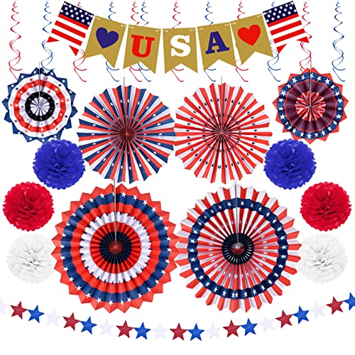 OEAGO 4th of July Decorations Decor Patriotic Memorial Day Decorations Red White Blue Paper Fans Love USA Banner Flower Balls Pom Poms Hanging Swirls Star Streamer Independence Flag Day Party for home