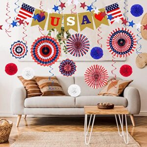 OEAGO 4th of July Decorations Decor Patriotic Memorial Day Decorations Red White Blue Paper Fans Love USA Banner Flower Balls Pom Poms Hanging Swirls Star Streamer Independence Flag Day Party for home