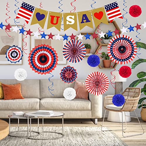 OEAGO 4th of July Decorations Decor Patriotic Memorial Day Decorations Red White Blue Paper Fans Love USA Banner Flower Balls Pom Poms Hanging Swirls Star Streamer Independence Flag Day Party for home